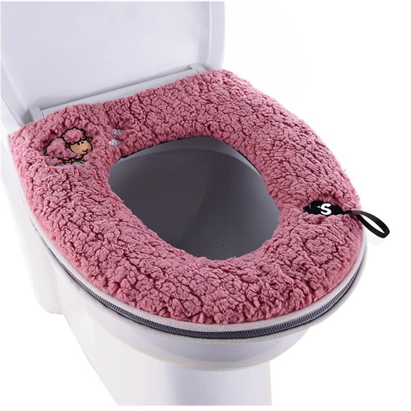 CIZZ Warm Plush Washable Thicken Toilet Seat Cover Pads Mat with Handle and Zipper Red - Image 1
